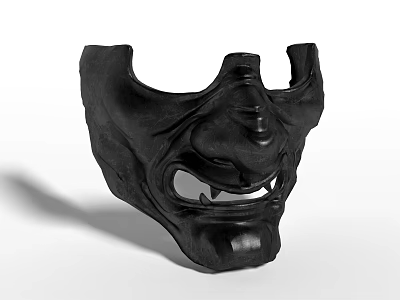 Traditional Black Carved Mask with Intricate Expressive Facial Features 3d model
