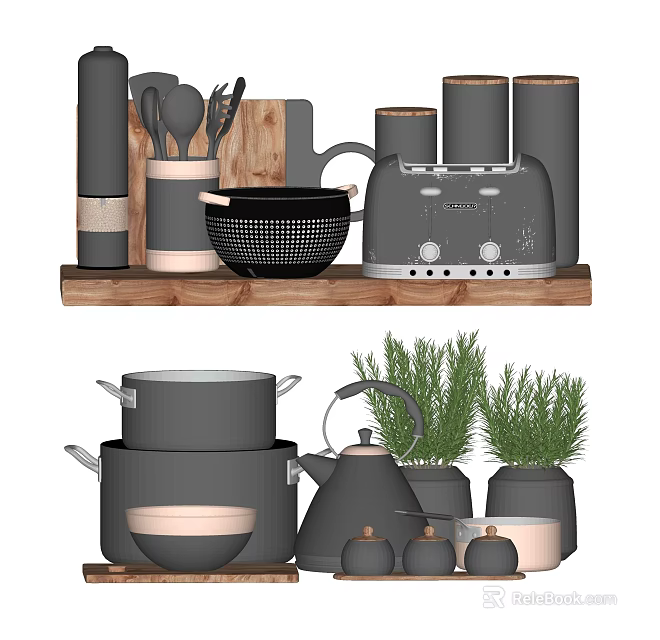 Modern Gray Kitchenware Collection With Pots Bowls Toaster And Herb Plants On Shelf 3d model 