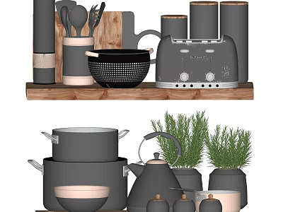 Modern Gray Kitchenware Collection With Pots Bowls Toaster And Herb Plants On Shelf 3d model