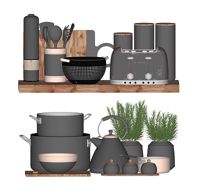 Modern Gray Kitchenware Collection With Pots Bowls Toaster And Herb Plants On Shelf 3d model
