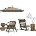 Outdoor Rattan Wooden Table and Chair Set With Umbrella and Decorative Plant