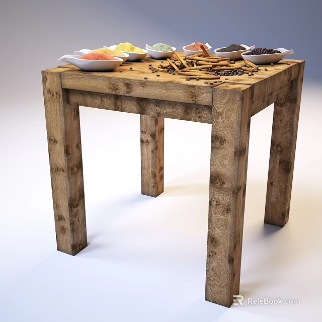 Rustic Wooden Dining Table With White Bowls And Assorted Spices On Top 3d model 