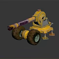 Yellow Industrial Mechanical Device With Large Tires And Extended Arm Structure On Reflective Black Surface