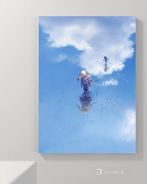 Abstract Painting of Blue Sky with Clouds People Walking on Water Reflections and Fish School 3d model 