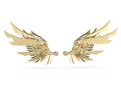 Golden Symmetrical Wings Sculpture Carving With Intricate Feathers And Mechanical Details 3d model