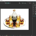 Tableware Set With Glass Bottle Cork Stopper Six Amber Glasses On Metal Tray Wooden Tabletop