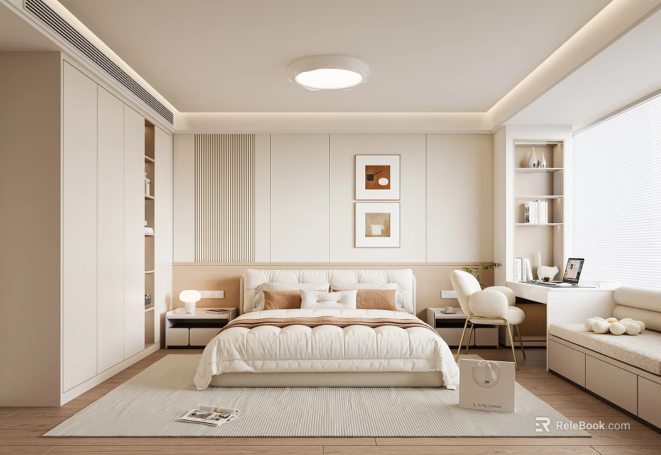Modern Bedroom Interior With Comfortable Bed Nightstand Wardrobe Area Rug And Decorative Paintings 3d model 