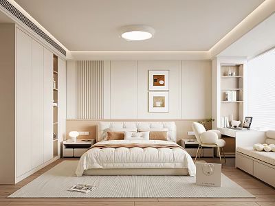 Modern Bedroom Interior With Comfortable Bed Nightstand Wardrobe Area Rug And Decorative Paintings 3d model