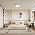 Modern Bedroom Interior With Comfortable Bed Nightstand Wardrobe Area Rug And Decorative Paintings