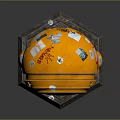 Orange Robot Figure With Round Head Red Display Human Icon Graffiti Body Hexagonal Worn Base