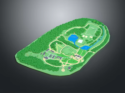 Rural Self Built House Design Layout Featuring Green Lawn Water Pond And Pathway 3d model