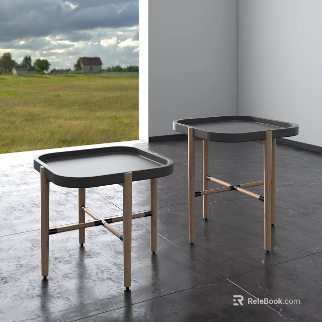 Two Modern Tray Top Side Tables With Wooden Legs In Bright Indoor Space 3d model 