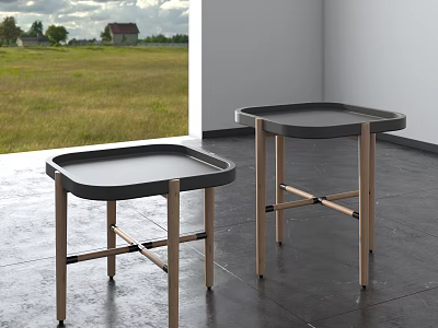 Two Modern Tray Top Side Tables With Wooden Legs In Bright Indoor Space 3d model
