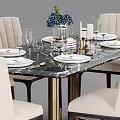 Elegant Dining Table Set with Marble Top Upholstered Chairs Gold Legs and Tableware 3d model