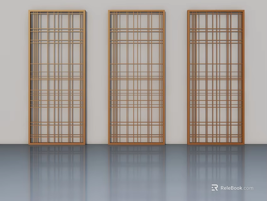 Three Wooden Hinged Doors With Grid Pattern In Modern Interior Design 3d model