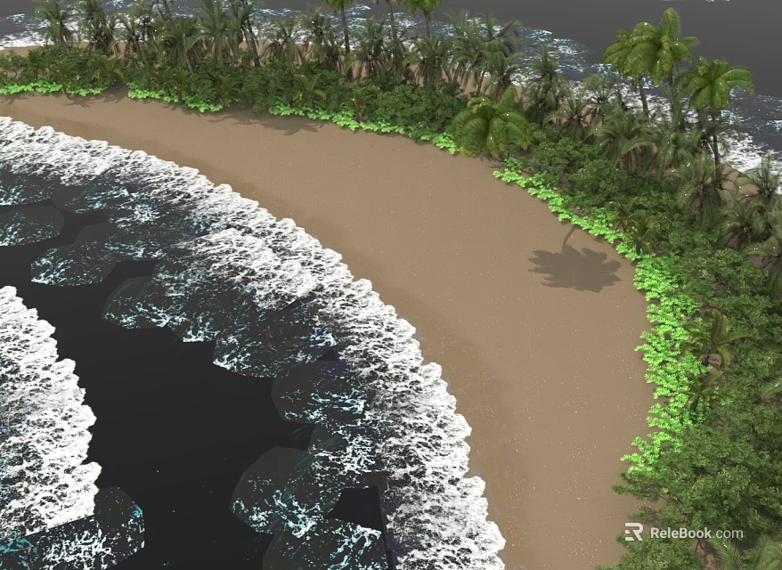 Tropical Beach Scene With Rolling Waves Sandy Shore Palm Trees And Green Vegetation 3d model 