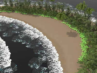 Tropical Beach Scene With Rolling Waves Sandy Shore Palm Trees And Green Vegetation 3d model