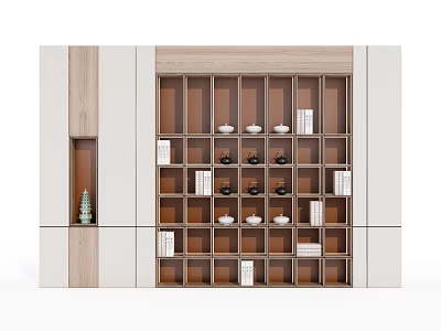 Elegant Modern Wooden Shelving Unit With Open Compartments Displaying Books And Tea Sets 3d model