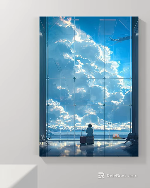 Abstract Painting Featuring Person by Glass Window with Blue Sky White Clouds and Luggage 3d model 