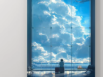 Abstract Painting Featuring Person by Glass Window with Blue Sky White Clouds and Luggage 3d model