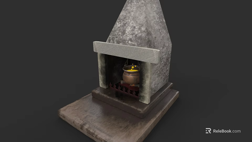 Stone Fireplace With Conical Top And Burning Container On Square Base 3d model 