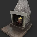 Stone Fireplace With Conical Top And Burning Container On Square Base