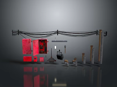 Industrial Utility Components With Red Boxes Wires Poles And Tools 3d model