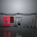 Industrial Utility Components With Red Boxes Wires Poles And Tools