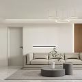Modern Living Dining Area Interior With Beige Sofa Round Coffee Table And Pendant Lights