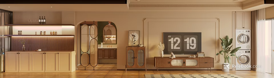 Modern Living and Dining Area Interior With Arched Partition Wooden Furniture And Warm Tones 3d model 