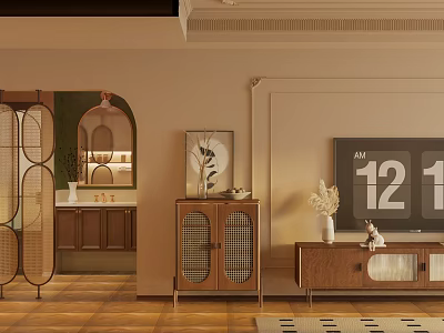 Modern Living and Dining Area Interior With Arched Partition Wooden Furniture And Warm Tones 3d model