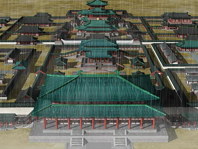 Ancient Chinese Architecture with Green Roofs Courtyard Layout and Traditional Palace Structures 3d model