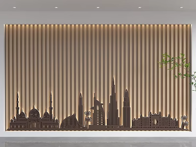 Light Brown Vertical Striped Background Wall With City Silhouette Traditional Modern Architecture And Green Plant 3d model