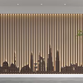 Light Brown Vertical Striped Background Wall With City Silhouette Traditional Modern Architecture And Green Plant