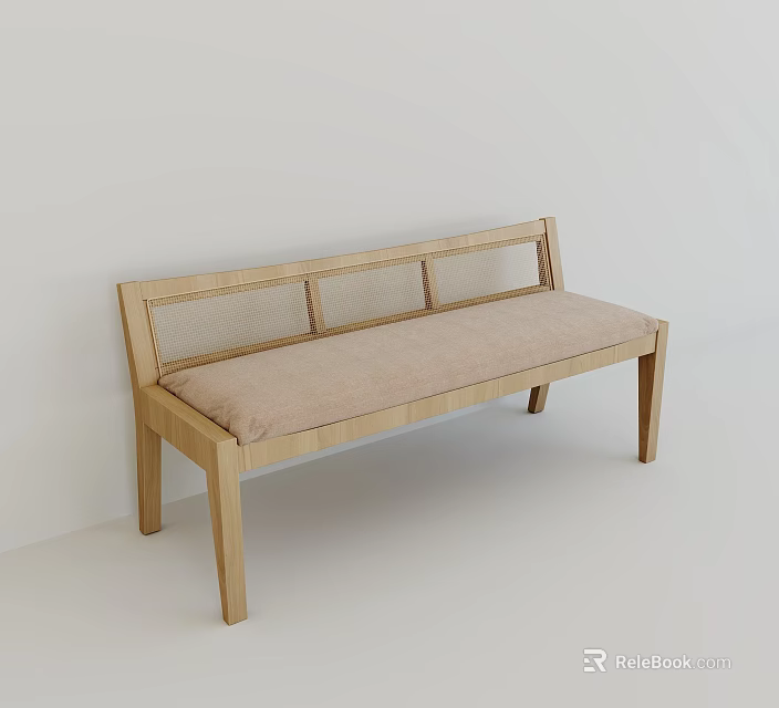 Minimalist Natural Wood Lounge Bench With Woven Rattan Backrest And Soft Comfortable Beige Fabric Cushion 3d model 
