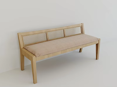 Minimalist Natural Wood Lounge Bench With Woven Rattan Backrest And Soft Comfortable Beige Fabric Cushion 3d model