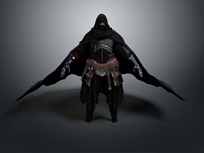 Realistic Style Shadow Assassin Shadow Assassin Cape Gloves Wrist Guard Belt Cloak Hood Mask Weapon Combat Clothing Ninja Clothing 3d model