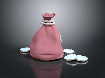 Pink Drawstring Money Pouch With Shiny Coins Around For Daily Use 3d model
