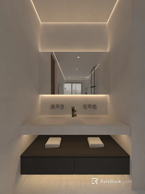 Modern Bathroom Washbasin With Large Mirror Backlit Lighting And Folded Towels 3d model 