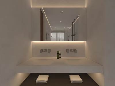 Modern Bathroom Washbasin With Large Mirror Backlit Lighting And Folded Towels 3d model