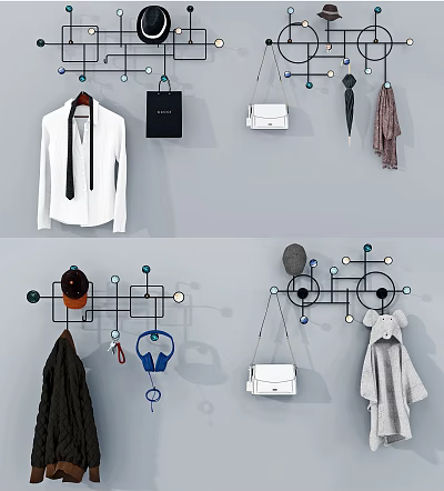 Geometric Wall Hanging System With Shirt Coat Bags Hats Headphones Umbrella And Scarf 3d model