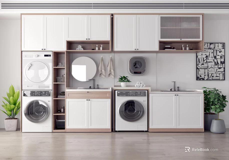 Modern Bathroom Cabinetry with Washing Machine Dryer Upper Cabinets Mirror Sink and Green Plant 3d model 