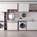 Modern Bathroom Cabinetry with Washing Machine Dryer Upper Cabinets Mirror Sink and Green Plant