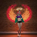 Neon Decorative Lights with Angel Wings and Halo Design on Brick Wall Background