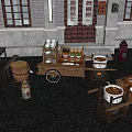 Traditional Public Street Food Carts With Stone Tables And Fire Hydrant In Urban Area