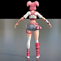 Game and Movie Character With Pink Hair White Top Red Heart Denim Shorts Red Boots