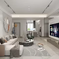 Modern Living and Dining Area Interior With Gray Sofa Marble Coffee Table TV And Large Windows
