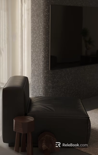 Black Leather Single Sofa In Living Room With Gray Terrazzo Wall And Curtains 3d model 