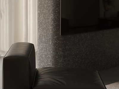 Black Leather Single Sofa In Living Room With Gray Terrazzo Wall And Curtains 3d model