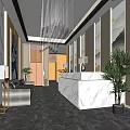Elegant Hotel Lobby Interior With Marble Reception Desk Chandelier And Green Plants